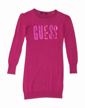 Form Fit GUESS Girls Graphic Long Sleeve Jumper Dress 5-6 Years Purple Viscose