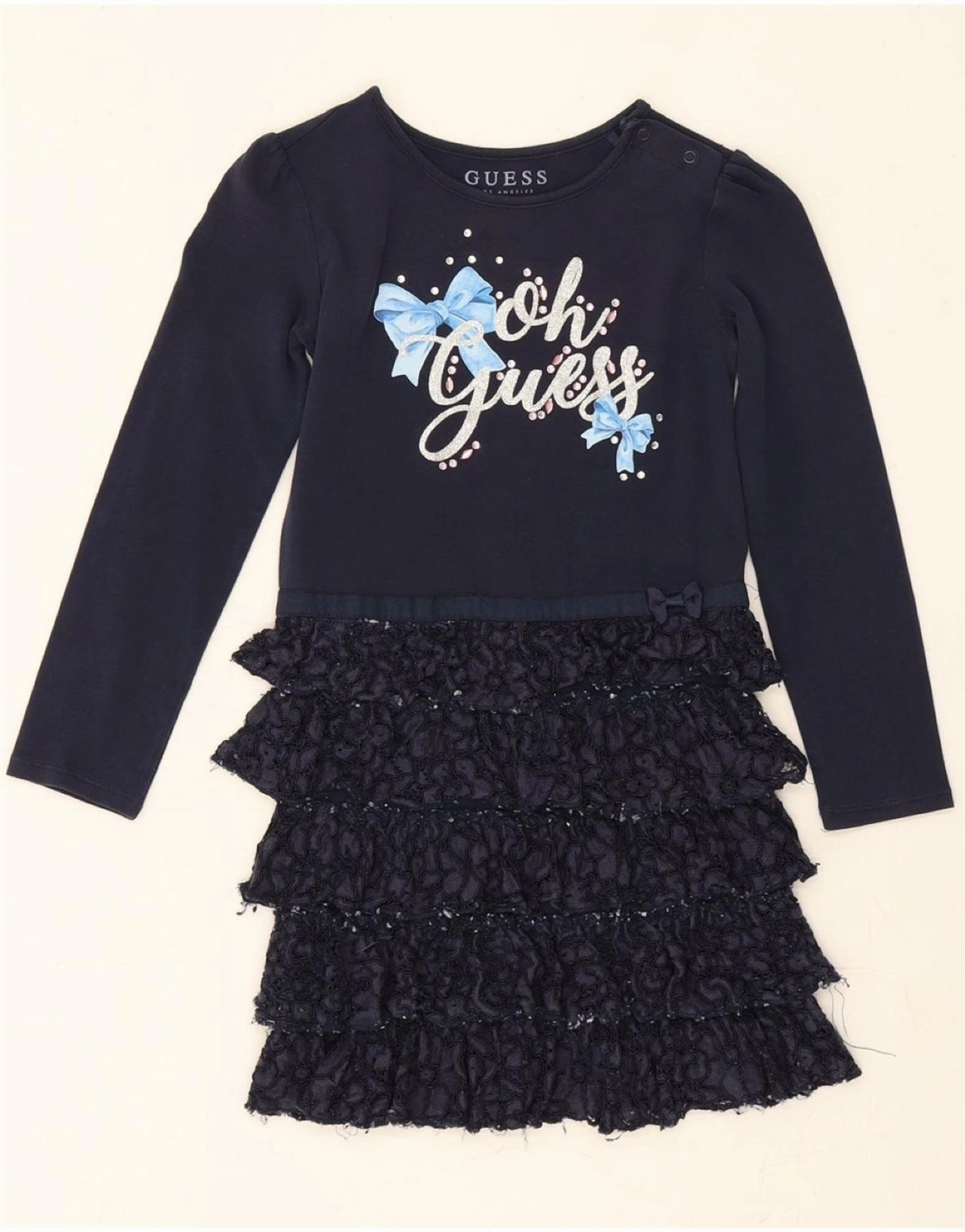 Smart Look GUESS Girls Graphic Long Sleeve Tiered Dress 6-7 Years Navy Blue Cotton