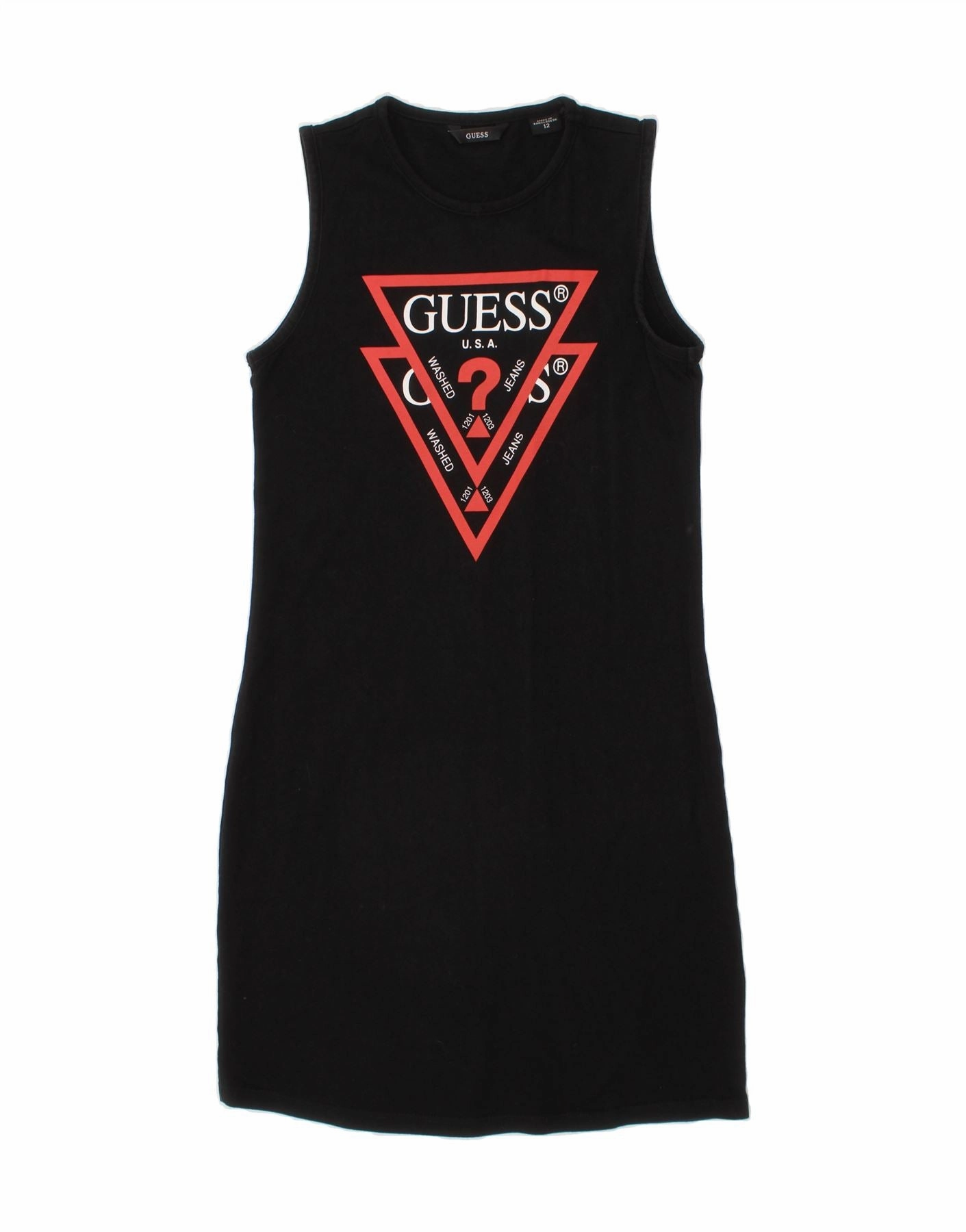 GUESS Girls Graphic Sleeveless T-Shirt Dress 11-12 Years Black Cotton Playful touch Form Fitting
