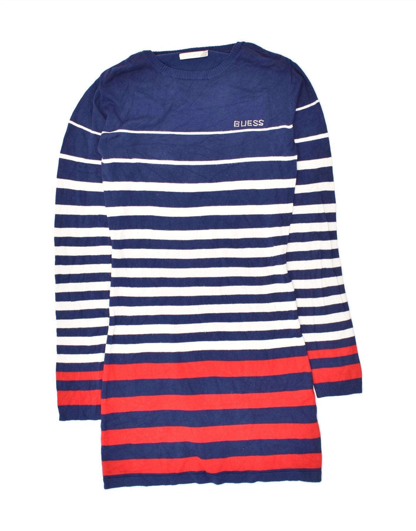 GUESS Girls Jumper Dress 15-16 Years Blue Striped Viscose Repair-Friendly Fresh Look