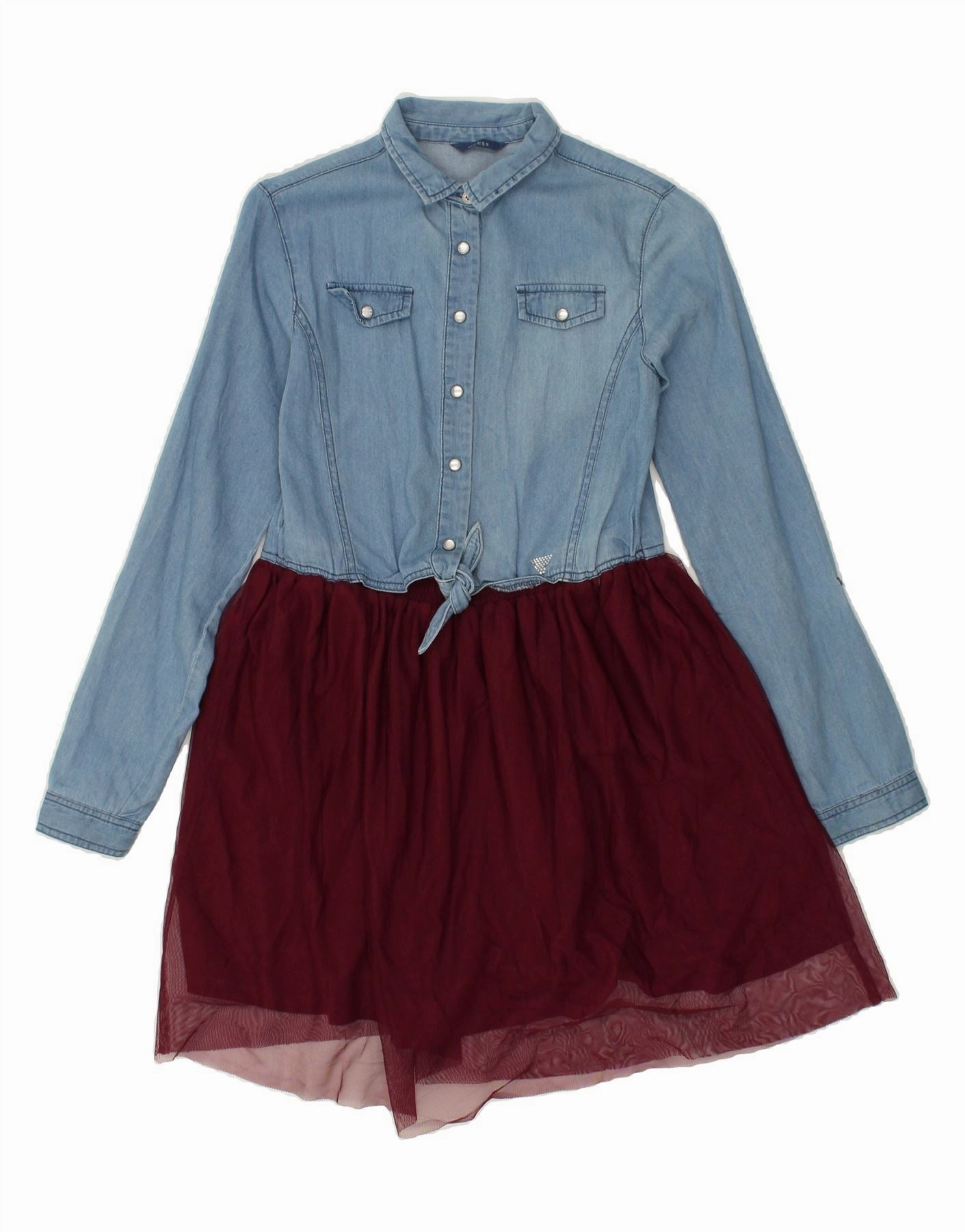 GUESS Girls Long Sleeve Denim Dress 11-12 Years Blue Colourblock Cotton Tie-dye Breeze Grace