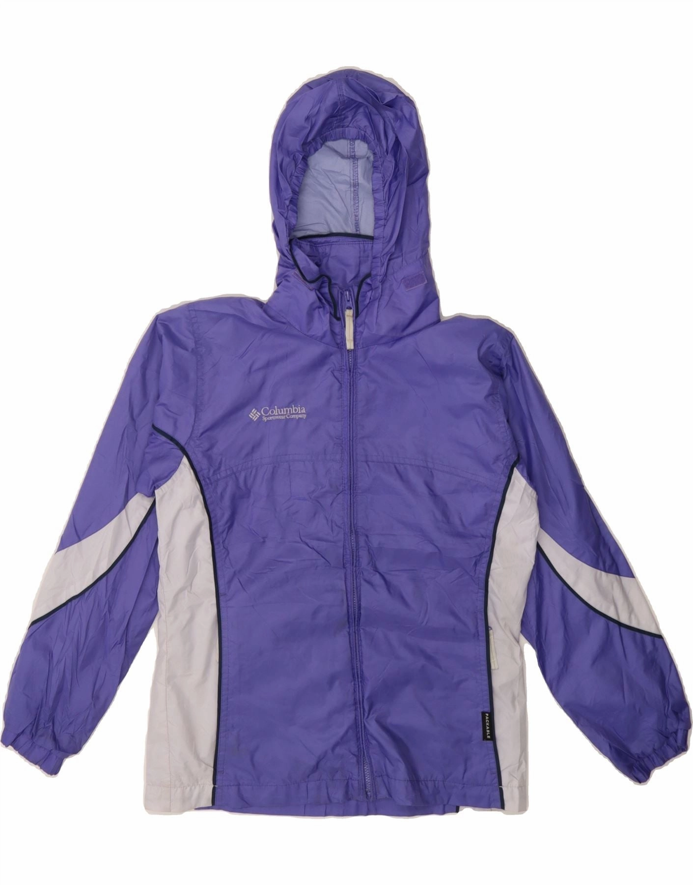 Secure Zip Pockets Odor Control Fabric COLUMBIA Boys Hooded Rain Jacket 10-11 Years Purple Colourblock Nylon