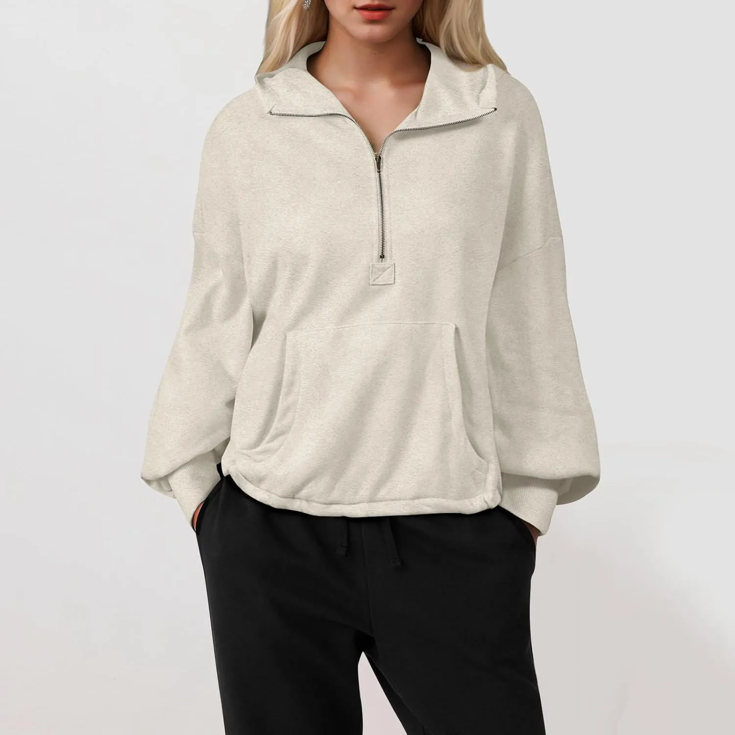 Half Zip Pullover Women Oversized Drawstring Hem Drop Shoulder Cropped Sweatshirt Loose Low Cut Long Sleeve Shirt
