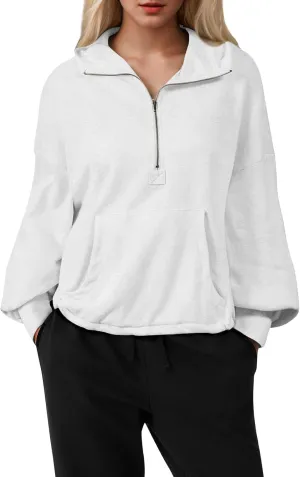 Half Zip Pullover Women Oversized Drawstring Hem Drop Shoulder Cropped Sweatshirt Loose Low Cut Long Sleeve Shirt