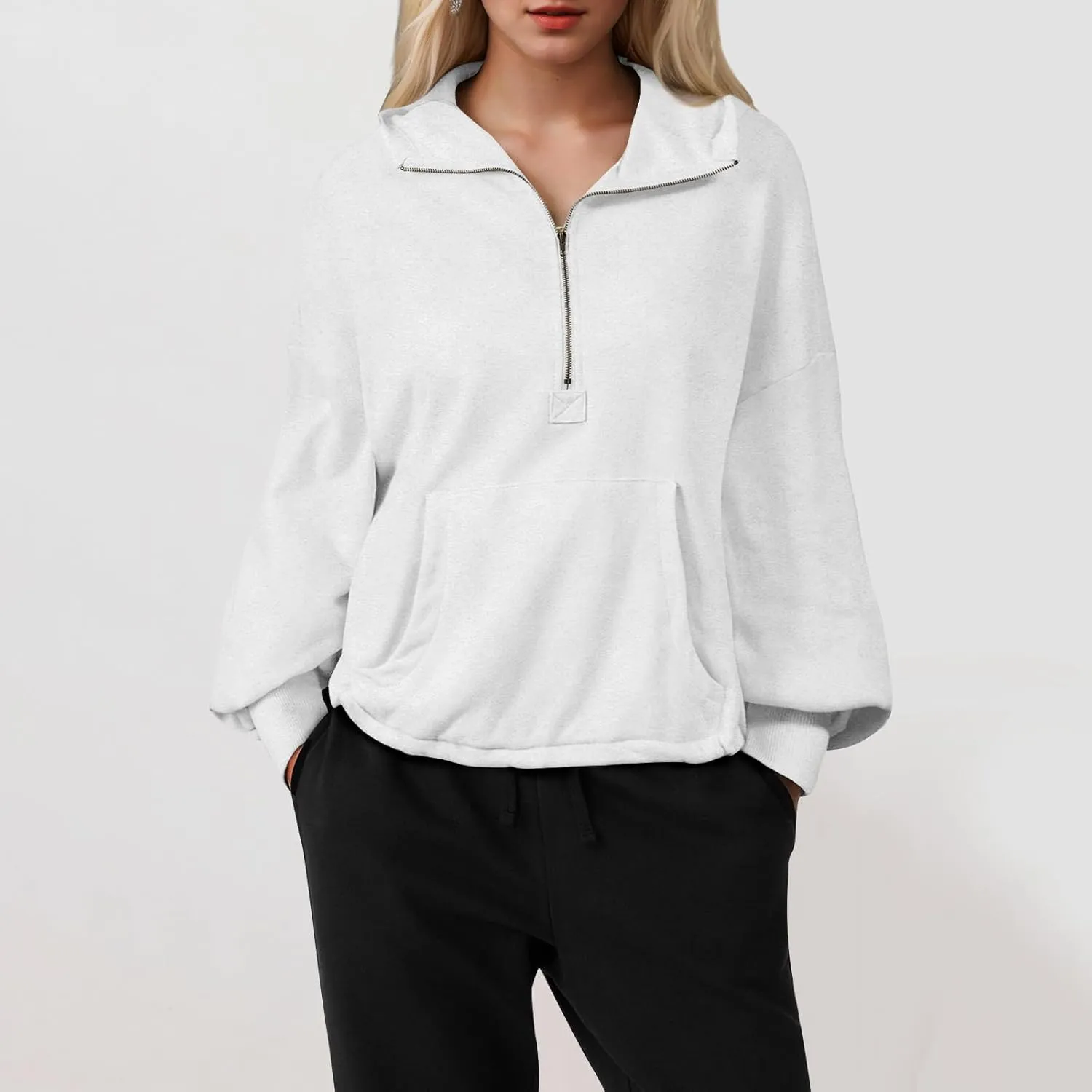 Half Zip Pullover Women Oversized Drawstring Hem Drop Shoulder Cropped Sweatshirt Loose Low Cut Long Sleeve Shirt