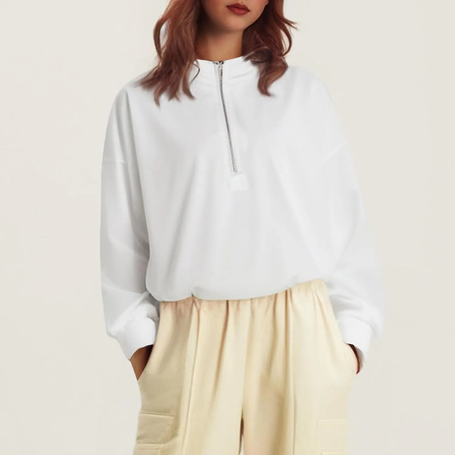 Half Zip Pullover Women Oversized Drawstring Hem Drop Shoulder Cropped Sweatshirt Loose Low Cut Long Sleeve Shirt