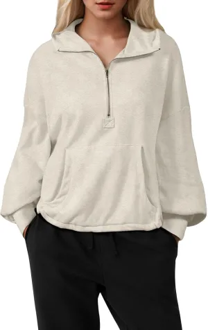 Half Zip Pullover Women Oversized Drawstring Hem Drop Shoulder Cropped Sweatshirt Loose Low Cut Long Sleeve Shirt