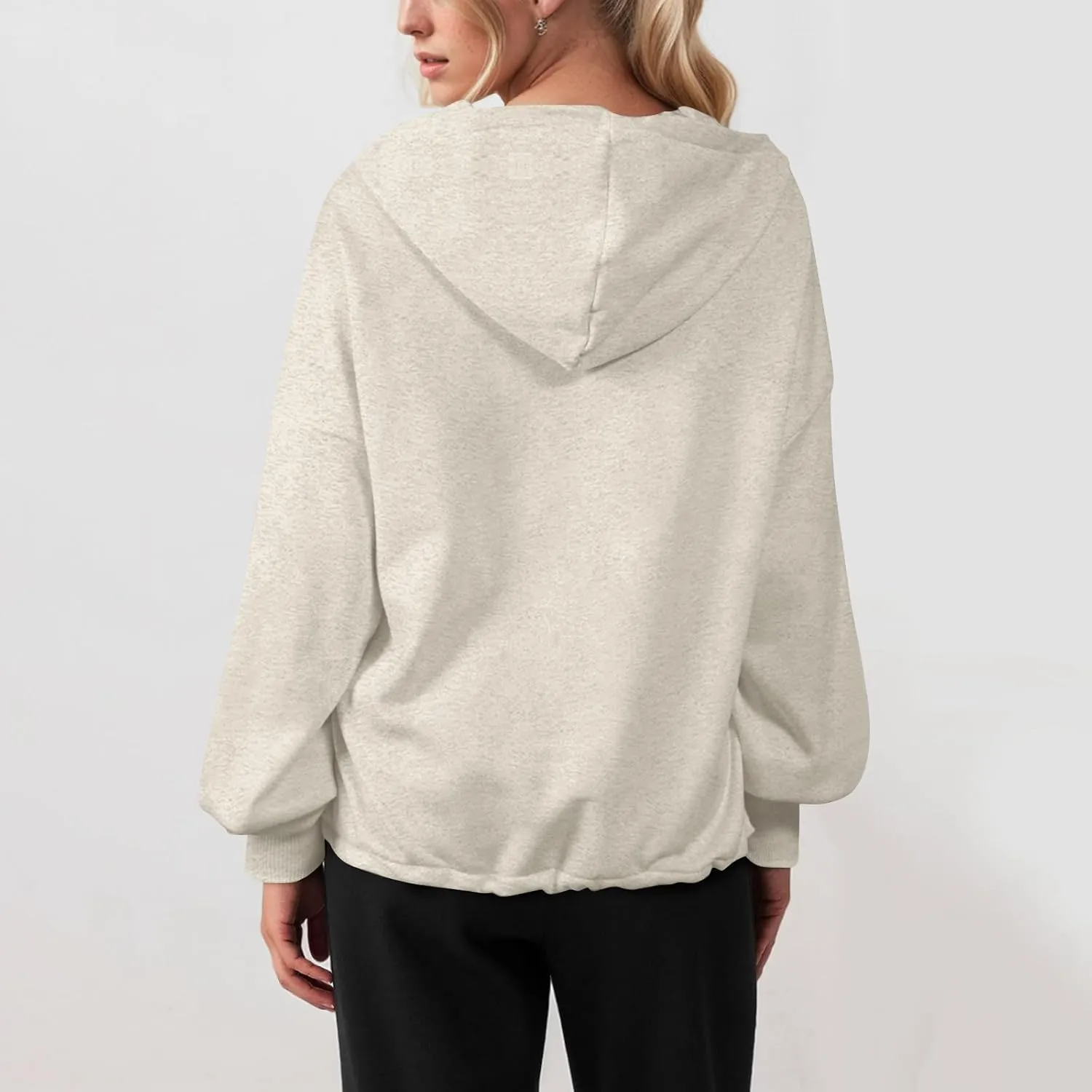 Half Zip Pullover Women Oversized Drawstring Hem Drop Shoulder Cropped Sweatshirt Loose Low Cut Long Sleeve Shirt