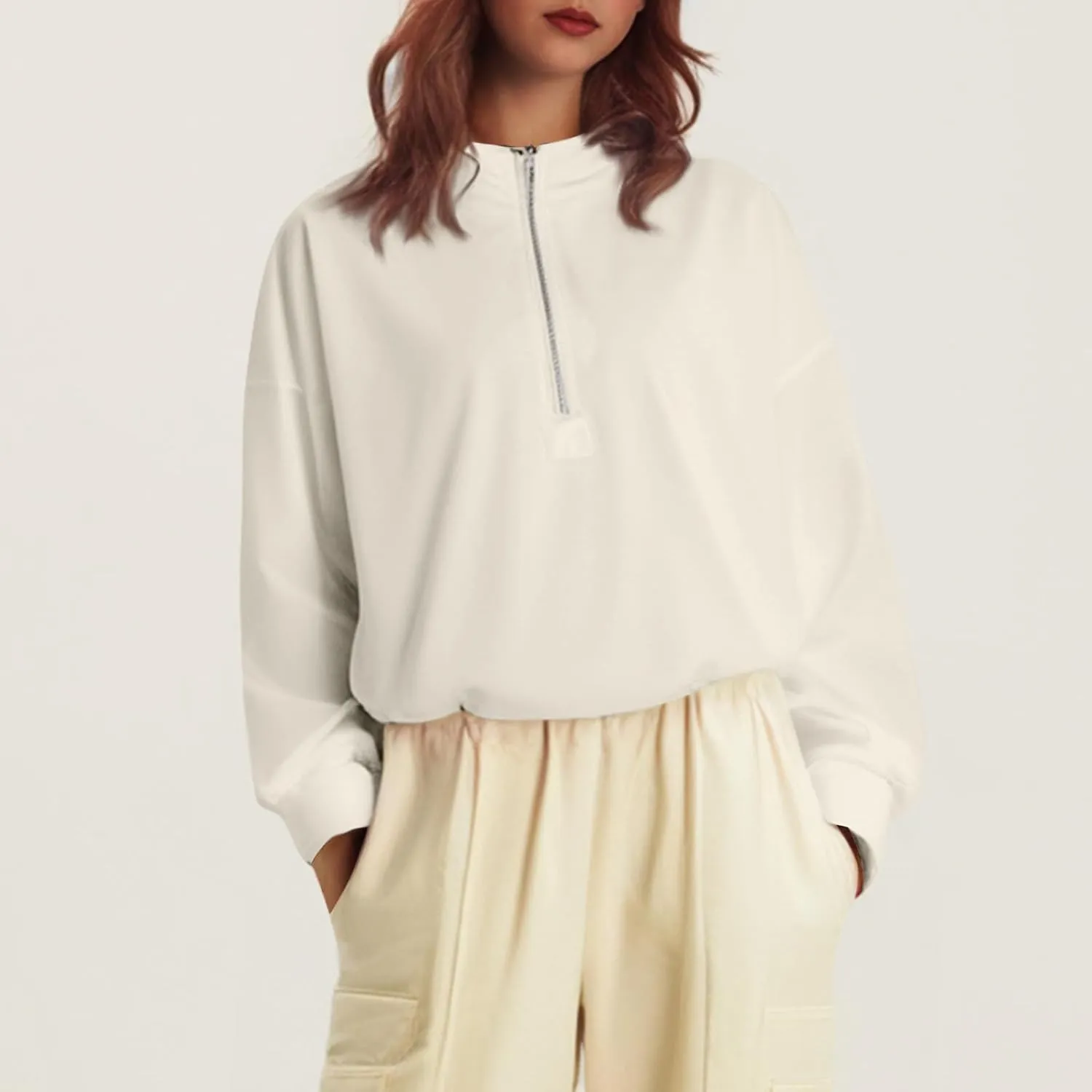 Half Zip Pullover Women Oversized Drawstring Hem Drop Shoulder Cropped Sweatshirt Loose Low Cut Long Sleeve Shirt