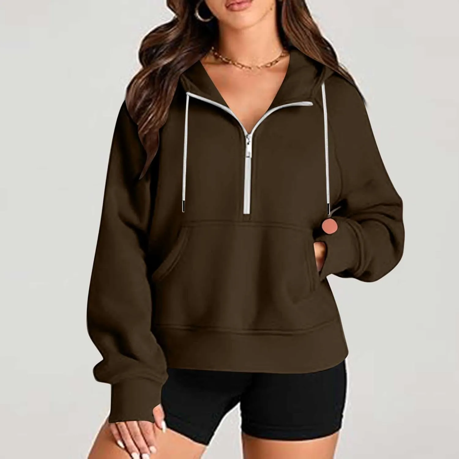Half Zipper Cropped Hooded Sweatshirt for Women Long Sleeve Thumb Buckle Solid Sweatshirts 2024 Fall Trendy Clothes