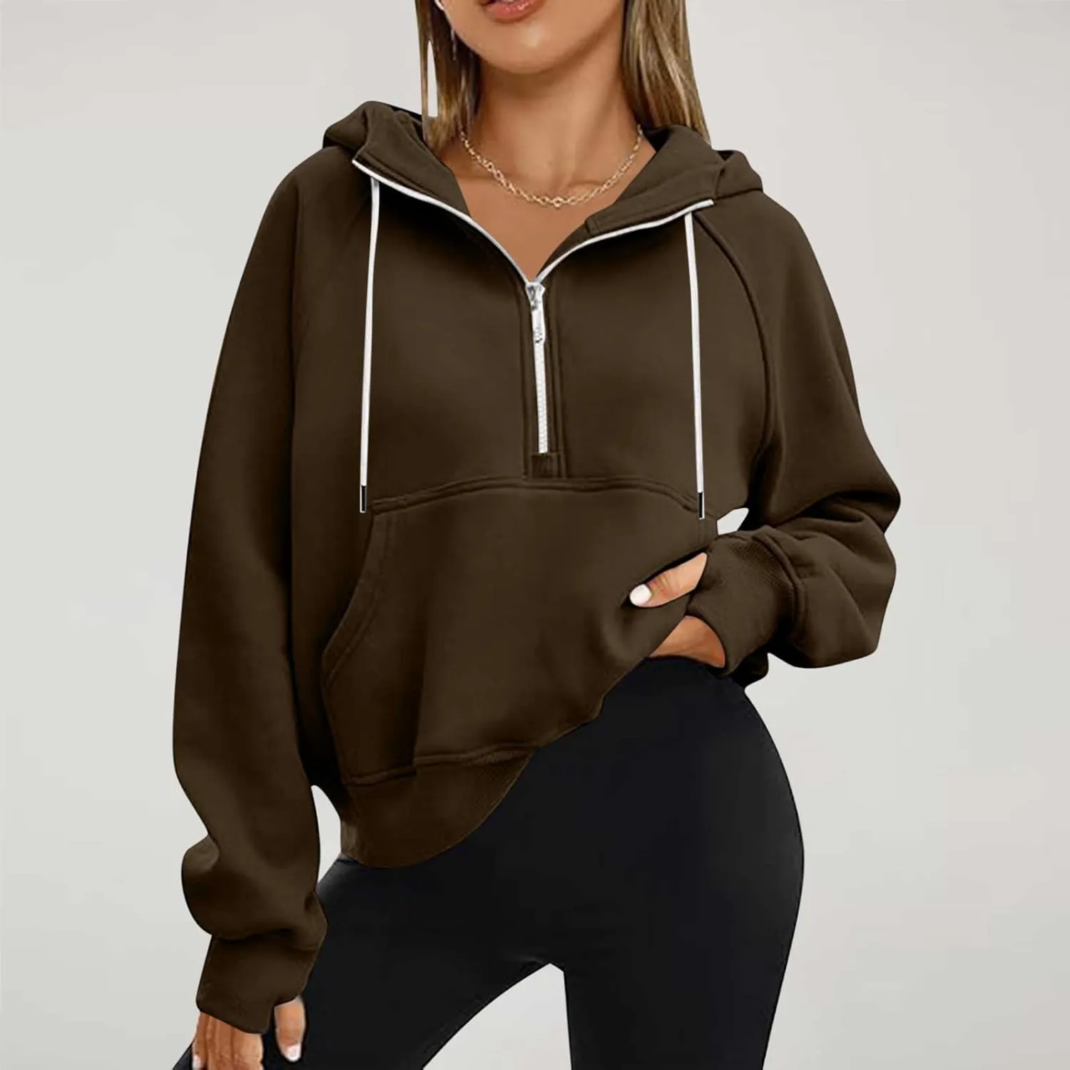 Half Zipper Cropped Hooded Sweatshirt for Women Long Sleeve Thumb Buckle Solid Sweatshirts 2024 Fall Trendy Clothes