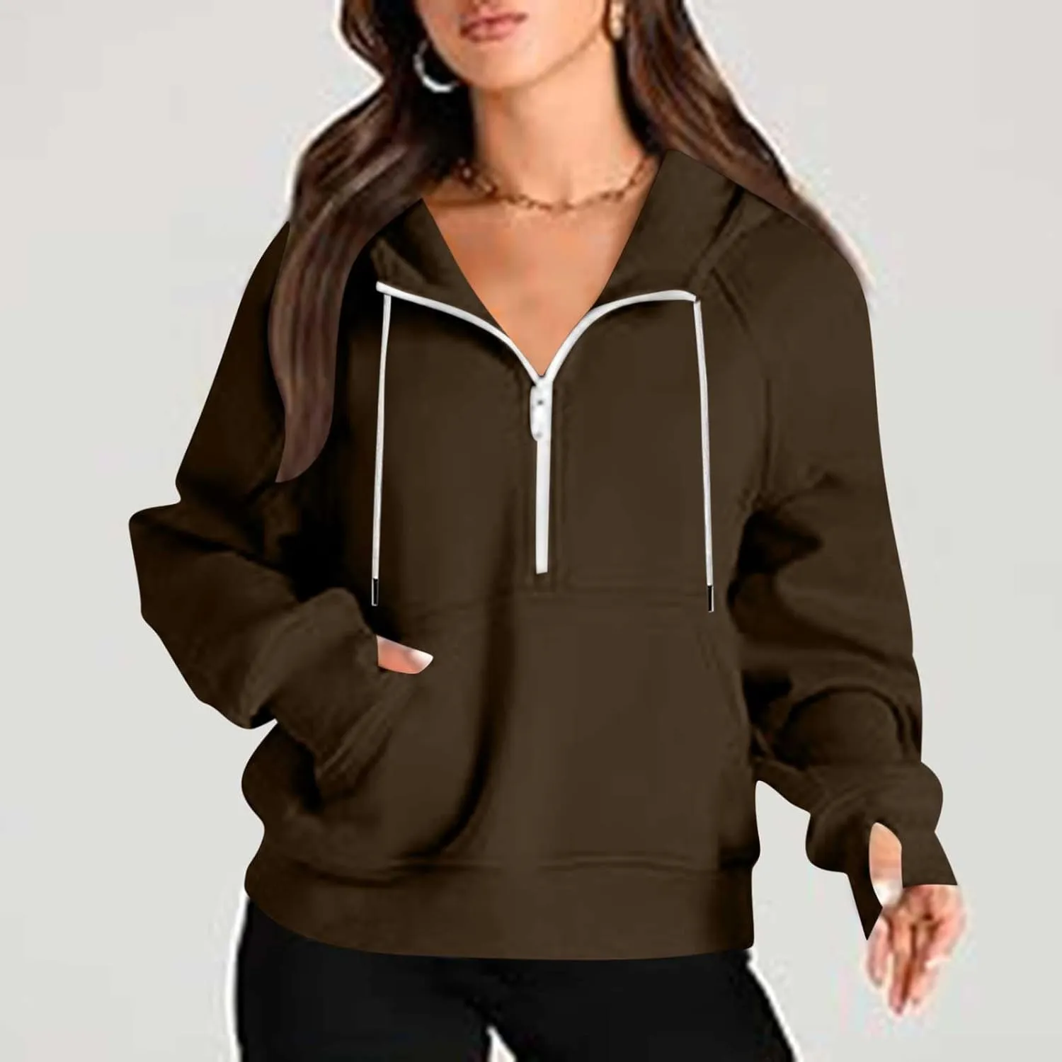 Half Zipper Cropped Hooded Sweatshirt for Women Long Sleeve Thumb Buckle Solid Sweatshirts 2024 Fall Trendy Clothes