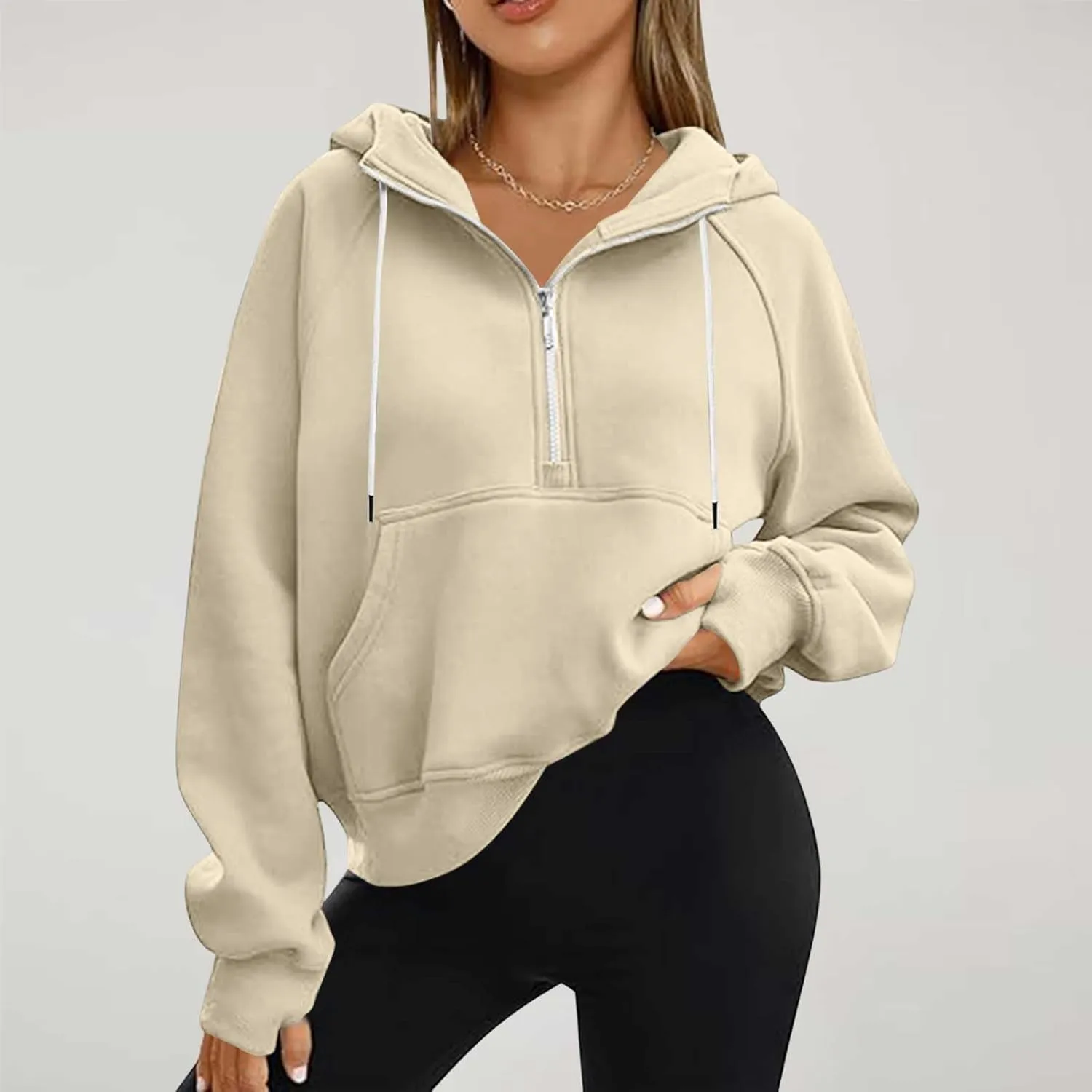 Half Zipper Cropped Hooded Sweatshirt for Women Long Sleeve Thumb Buckle Solid Sweatshirts 2024 Fall Trendy Clothes