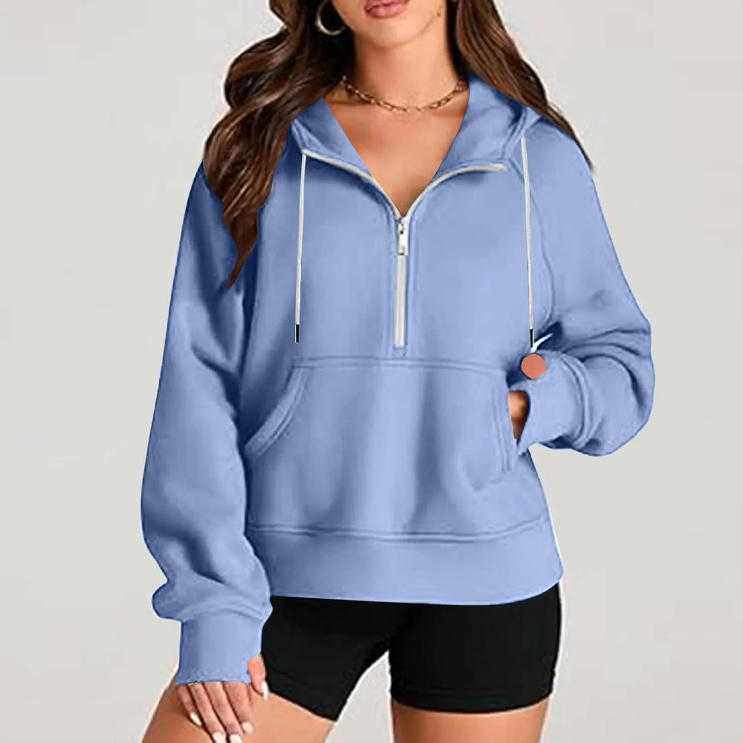 Half Zipper Cropped Hooded Sweatshirt for Women Long Sleeve Thumb Buckle Solid Sweatshirts 2024 Fall Trendy Clothes