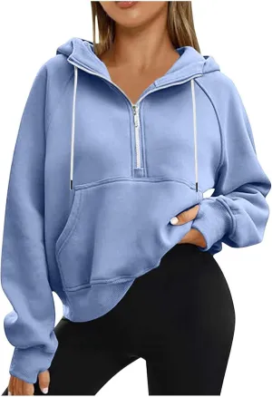 Half Zipper Cropped Hooded Sweatshirt for Women Long Sleeve Thumb Buckle Solid Sweatshirts 2024 Fall Trendy Clothes