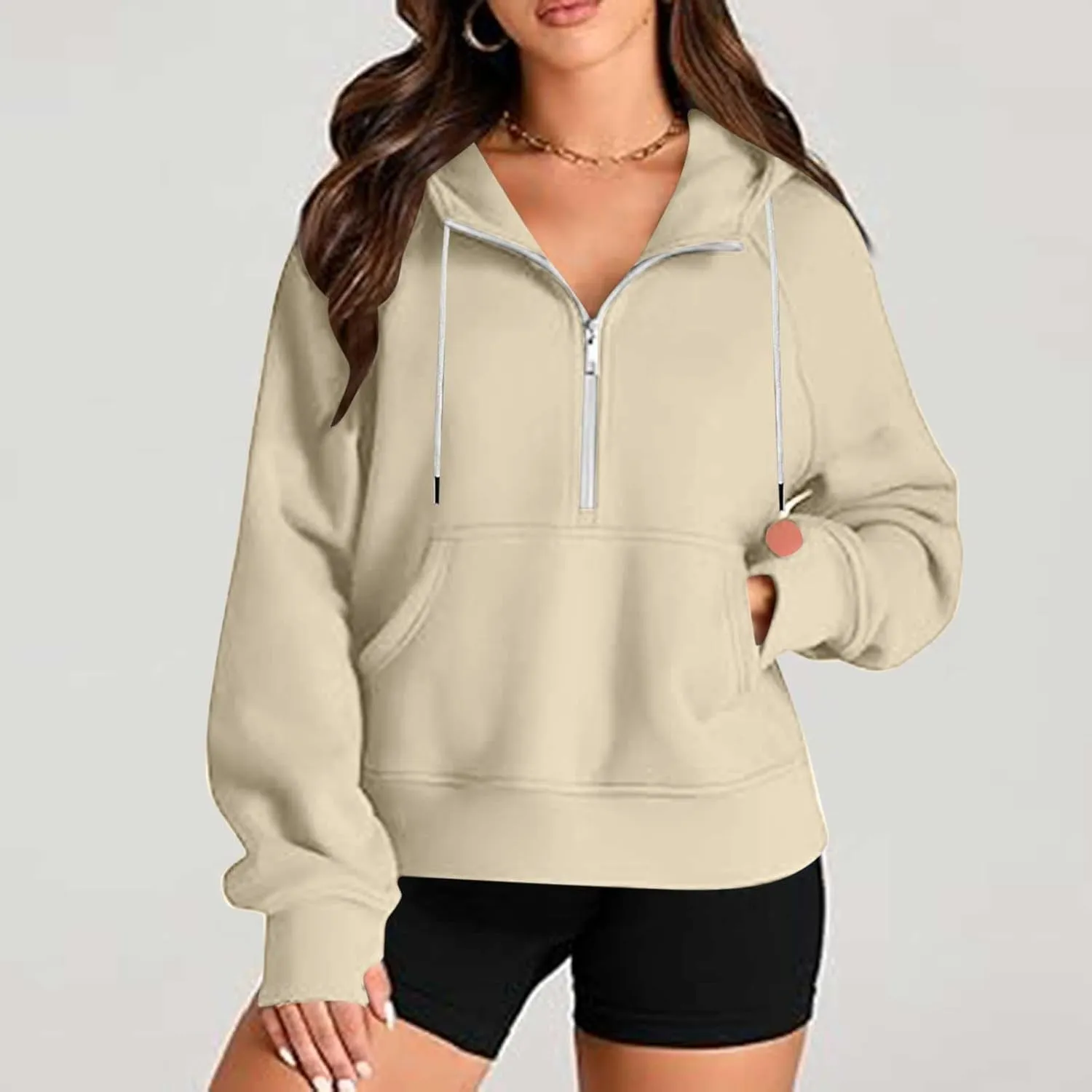 Half Zipper Cropped Hooded Sweatshirt for Women Long Sleeve Thumb Buckle Solid Sweatshirts 2024 Fall Trendy Clothes