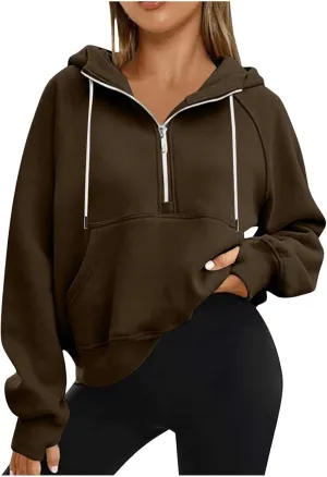 Half Zipper Cropped Hooded Sweatshirt for Women Long Sleeve Thumb Buckle Solid Sweatshirts 2024 Fall Trendy Clothes