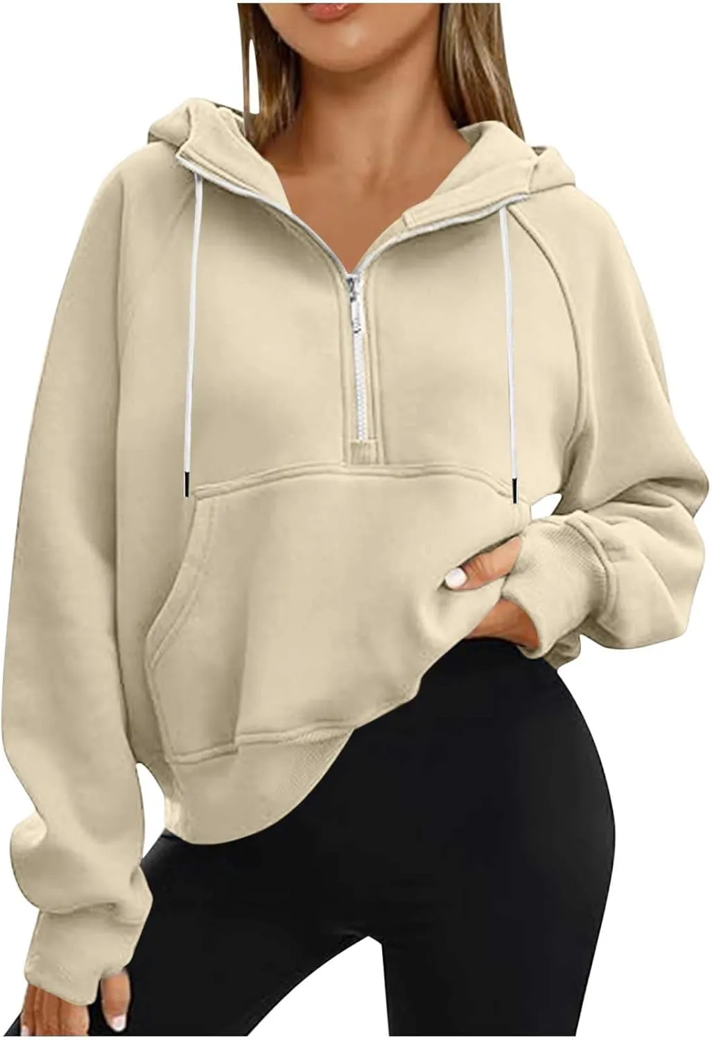 Half Zipper Cropped Hooded Sweatshirt for Women Long Sleeve Thumb Buckle Solid Sweatshirts 2024 Fall Trendy Clothes