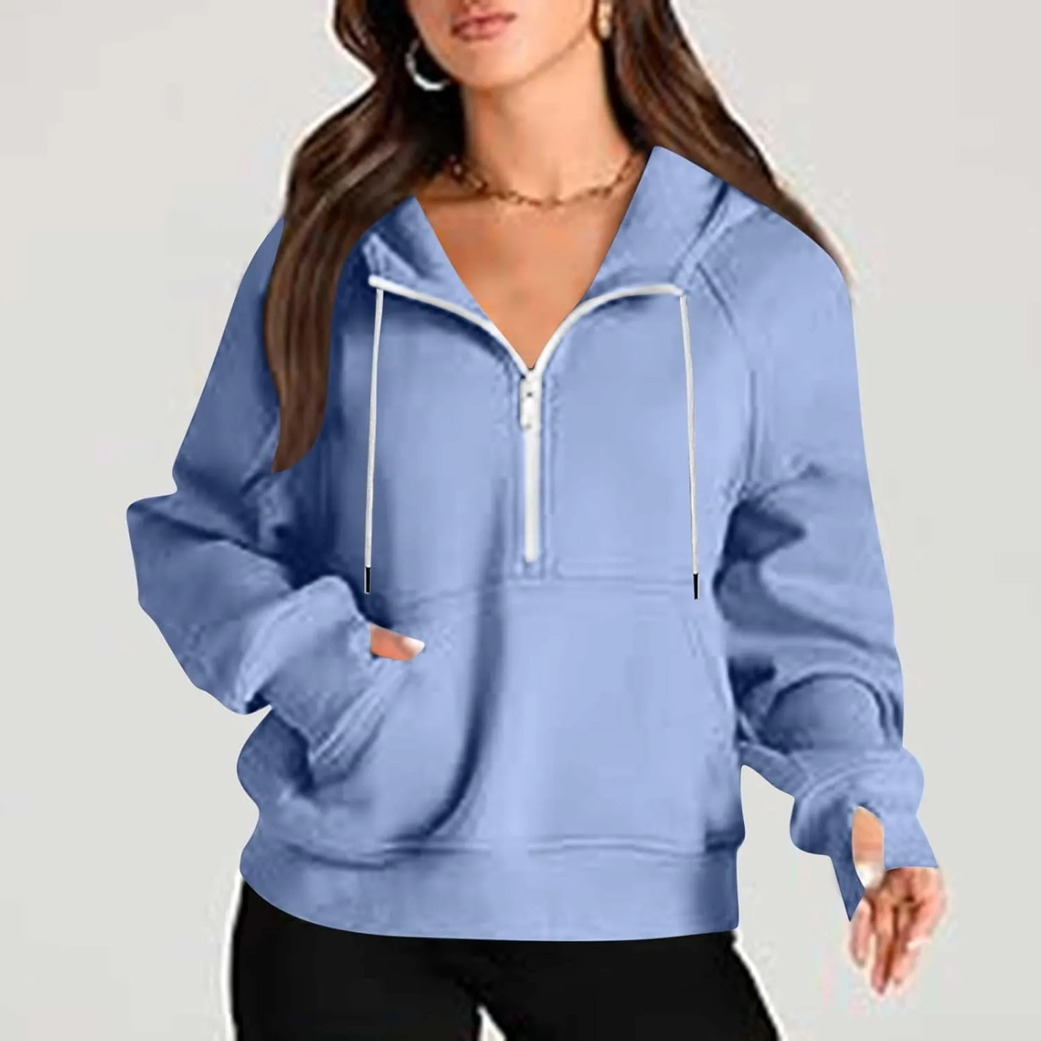 Half Zipper Cropped Hooded Sweatshirt for Women Long Sleeve Thumb Buckle Solid Sweatshirts 2024 Fall Trendy Clothes