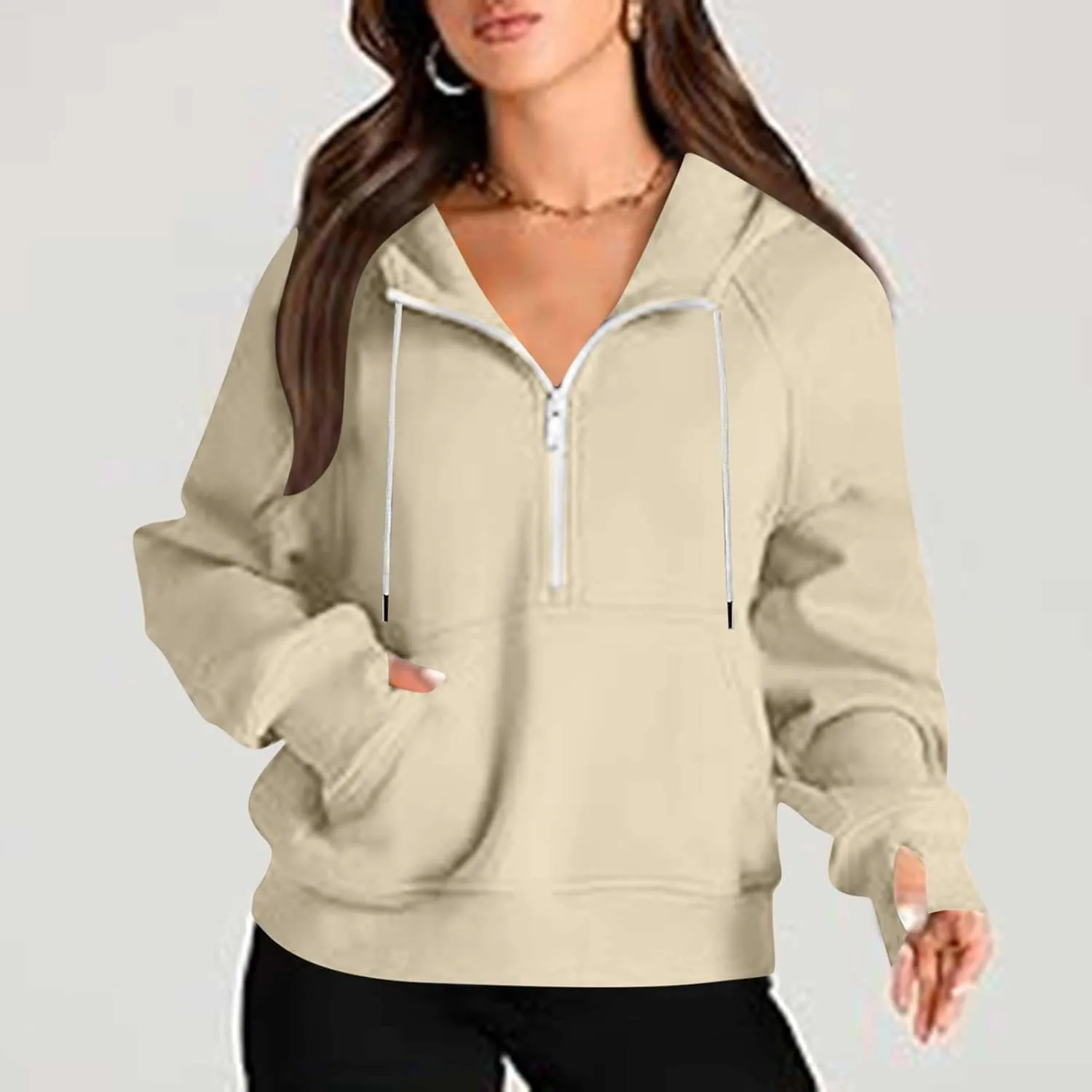 Half Zipper Cropped Hooded Sweatshirt for Women Long Sleeve Thumb Buckle Solid Sweatshirts 2024 Fall Trendy Clothes