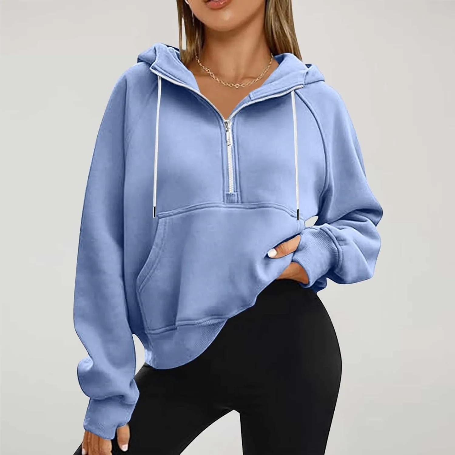 Half Zipper Cropped Hooded Sweatshirt for Women Long Sleeve Thumb Buckle Solid Sweatshirts 2024 Fall Trendy Clothes