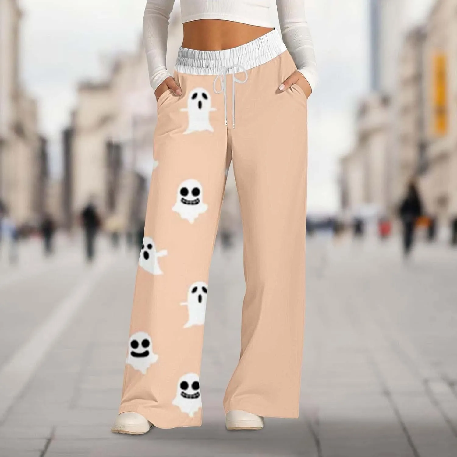 Halloween Sweatpant Women Lacing Solid Color Waist Waist Wide Leg Casual Pants Elastic High Waisted Long Pants