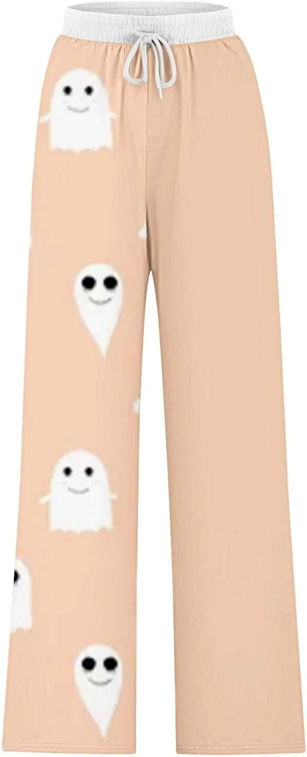 Halloween Sweatpant Women Lacing Solid Color Waist Waist Wide Leg Casual Pants Elastic High Waisted Long Pants