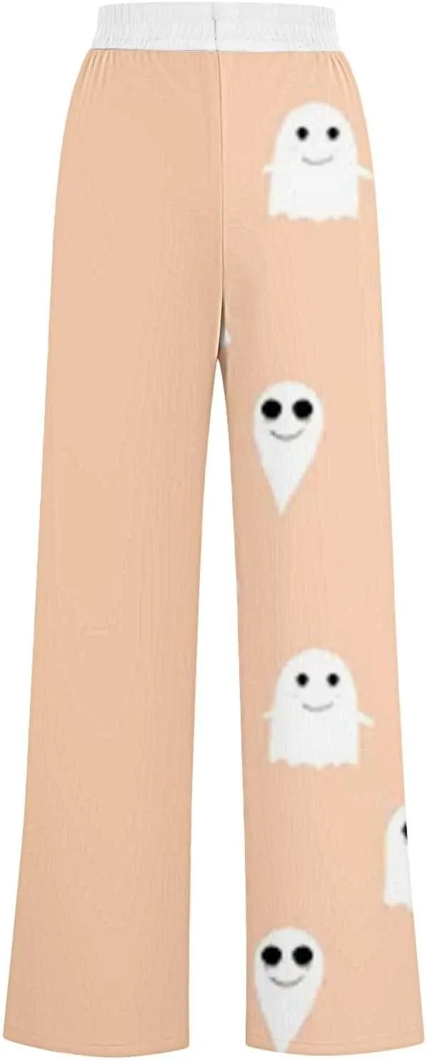 Halloween Sweatpant Women Lacing Solid Color Waist Waist Wide Leg Casual Pants Elastic High Waisted Long Pants