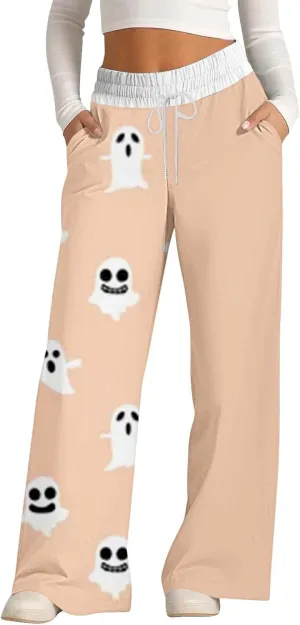 Halloween Sweatpant Women Lacing Solid Color Waist Waist Wide Leg Casual Pants Elastic High Waisted Long Pants