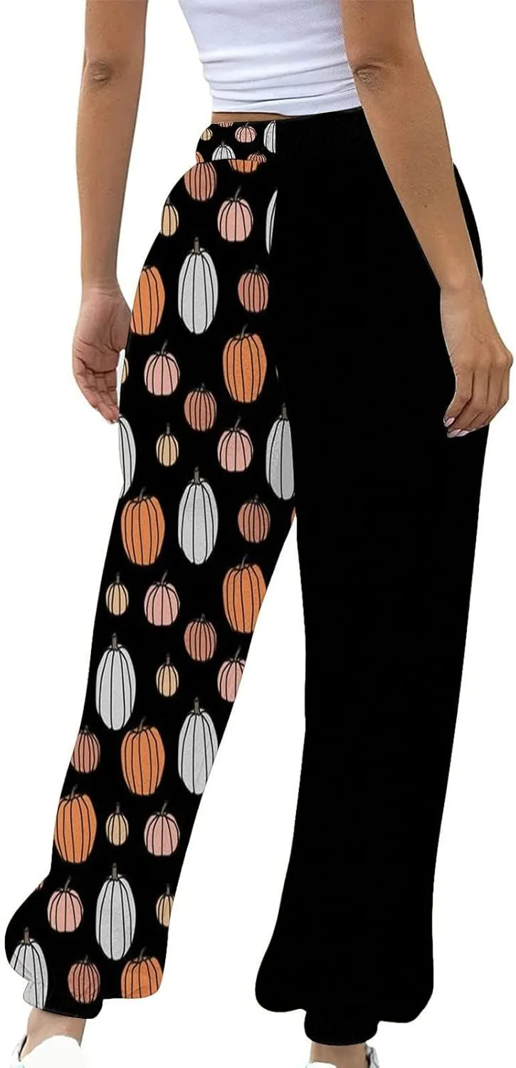 Halloween Sweatpants for Women Cinch Bottom Ghost Print Joggers Drawstring High Waist Workout Pants with Pockets