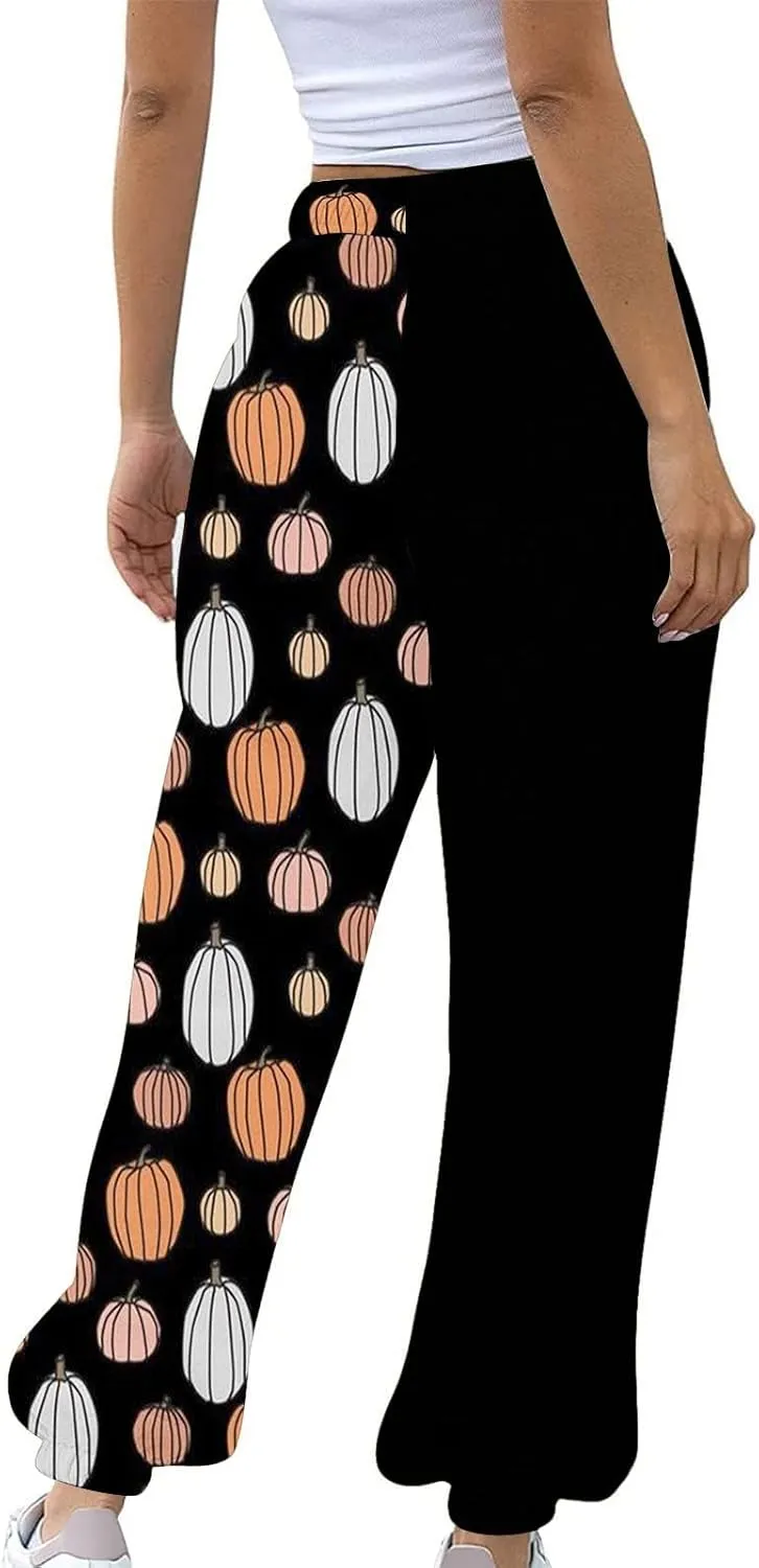 Halloween Sweatpants for Women Cinch Bottom Ghost Print Joggers Drawstring High Waist Workout Pants with Pockets