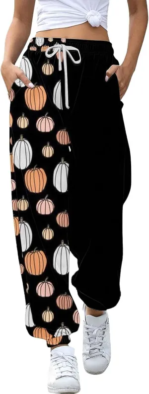 Halloween Sweatpants for Women Cinch Bottom Ghost Print Joggers Drawstring High Waist Workout Pants with Pockets