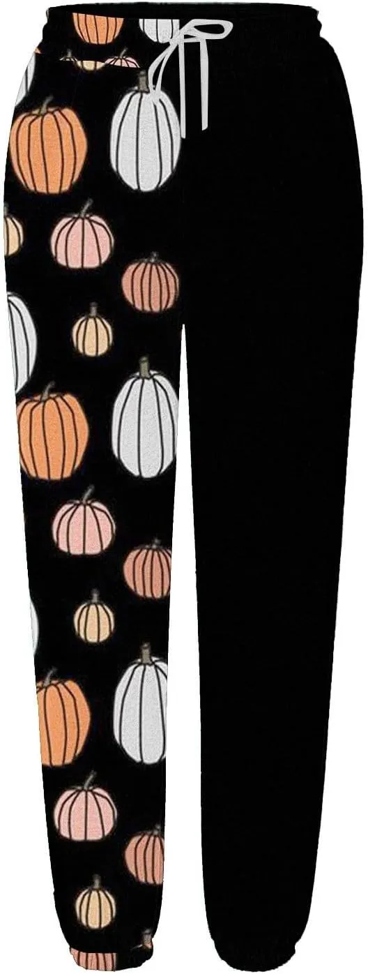 Halloween Sweatpants for Women Cinch Bottom Ghost Print Joggers Drawstring High Waist Workout Pants with Pockets