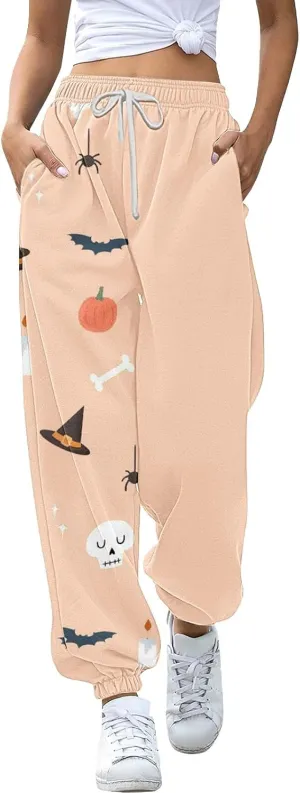 Halloween Sweatpants for Women Cinch Bottom Pumpkin Ghost Print Joggers High Waist Drawstring Athletic Pants Pockets