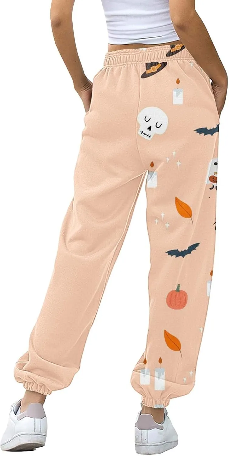Halloween Sweatpants for Women Cinch Bottom Pumpkin Ghost Print Joggers High Waist Drawstring Athletic Pants Pockets
