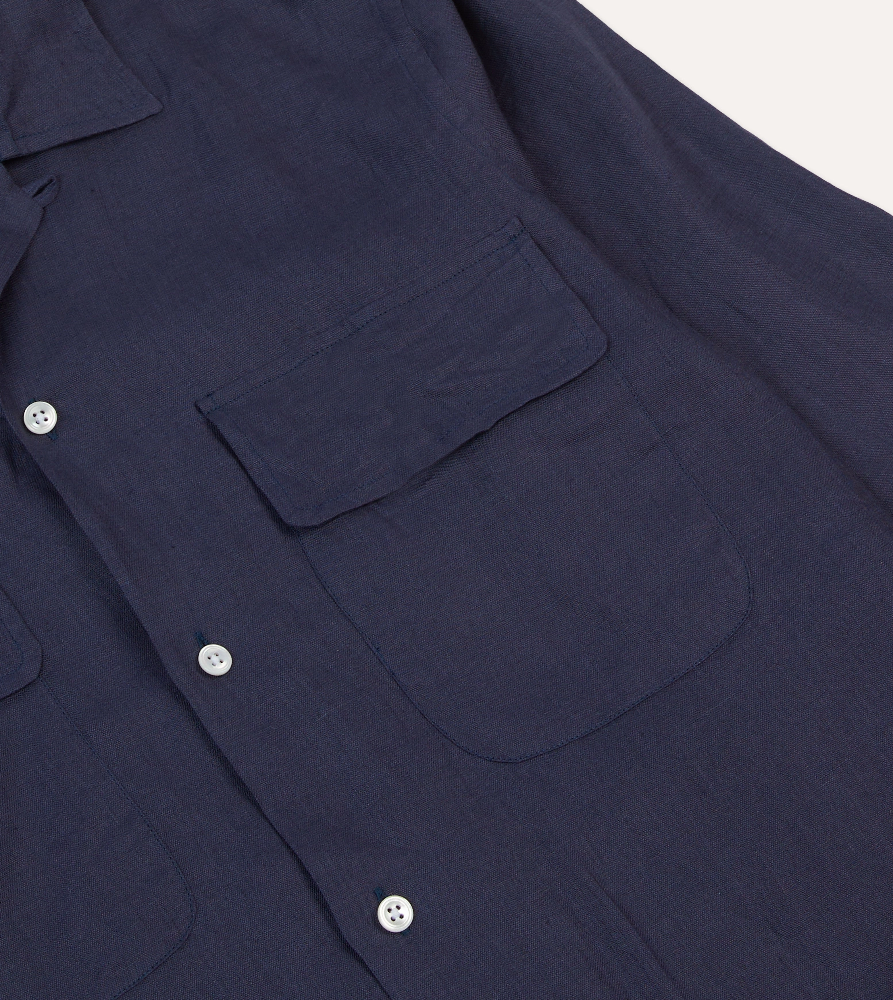 Navy Linen Camp Collar Long Sleeve Shirt Exclusive Collection Multi Functional Pockets