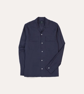 Preppy Vibe Navy Linen Camp Collar Long Sleeve Shirt