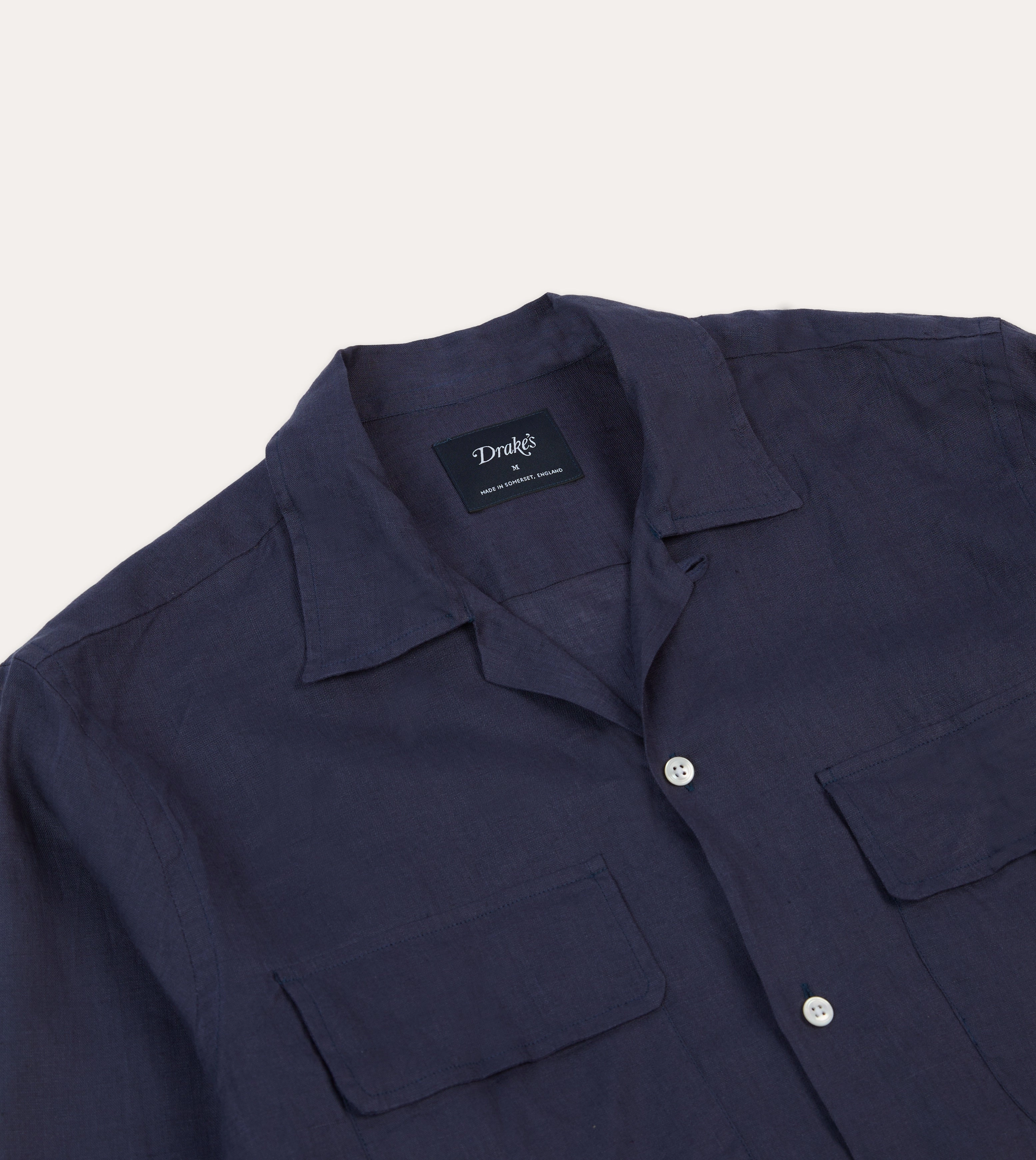 Anniversary Celebration Soft Stretch Collar Navy Linen Camp Collar Long Sleeve Shirt