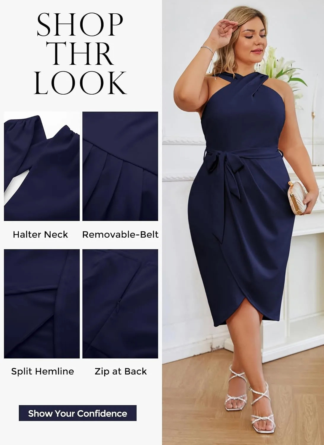 Hanna Nikole Plus Size Dresses for Curvy Women Halterneck Sleeveless Wrap Front Ruched Bodycon Dress Party Dress