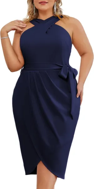 Hanna Nikole Plus Size Dresses for Curvy Women Halterneck Sleeveless Wrap Front Ruched Bodycon Dress Party Dress