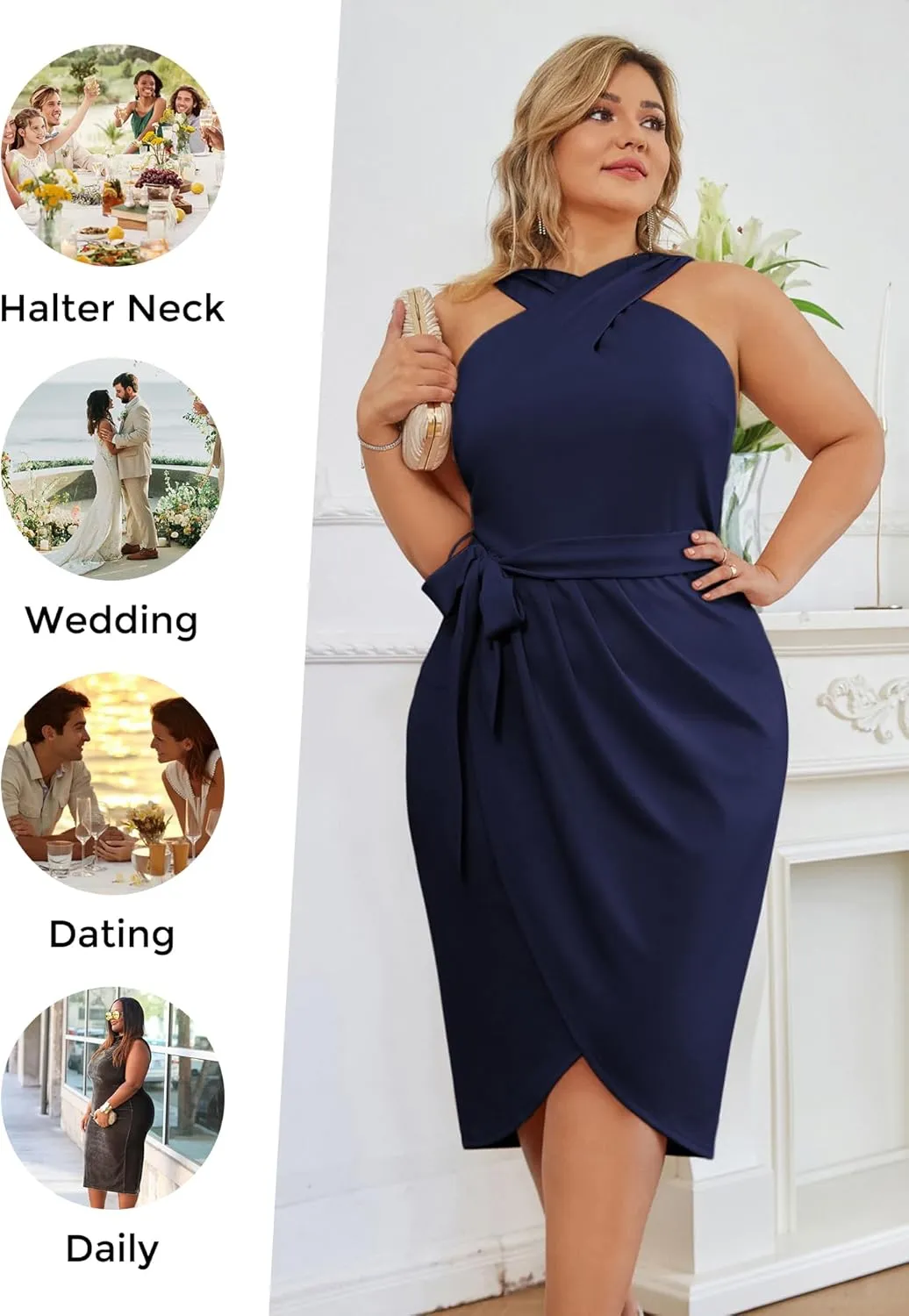 Hanna Nikole Plus Size Dresses for Curvy Women Halterneck Sleeveless Wrap Front Ruched Bodycon Dress Party Dress