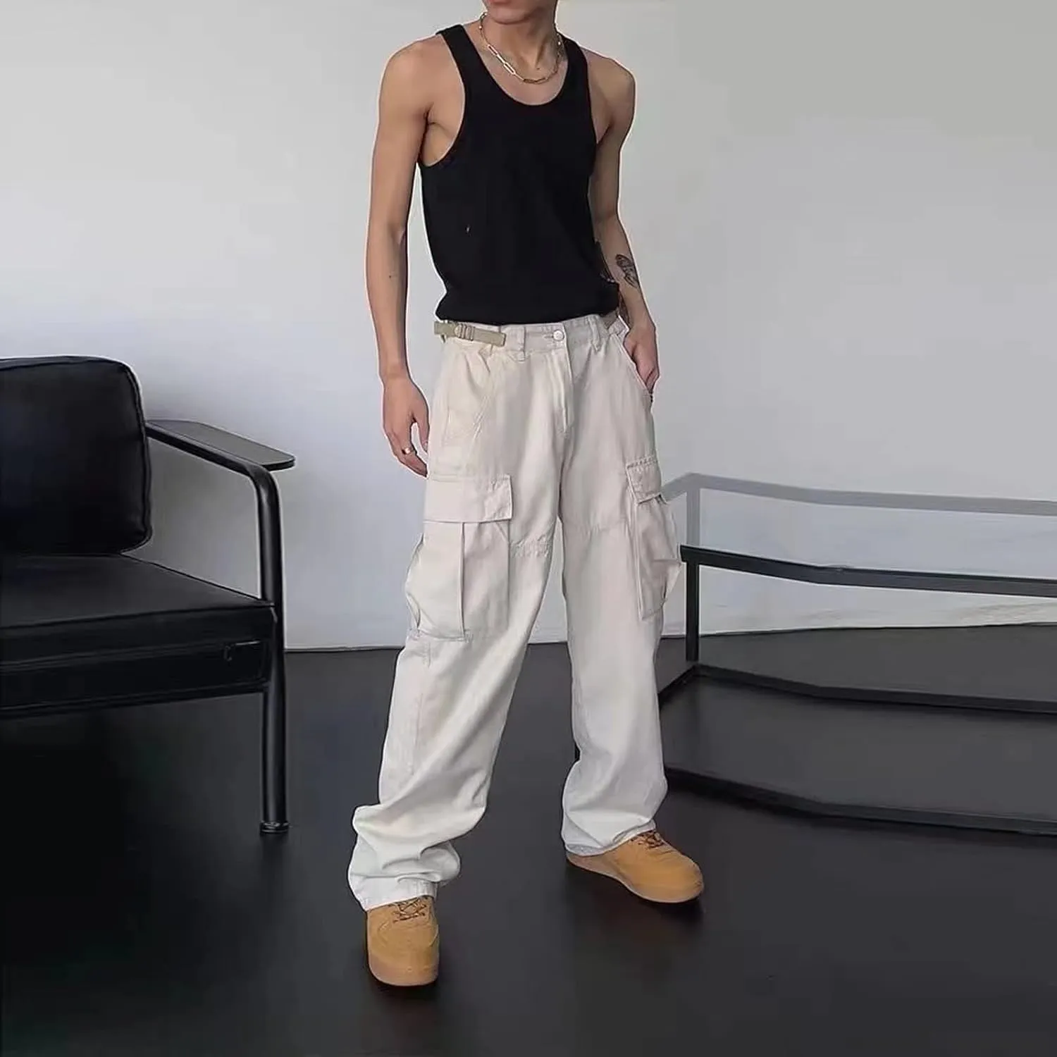Harajuku Cargo Pants Men's Japanese Retro Multi Pocket Loose Cargo Pants Men's Casual Straight Trousers