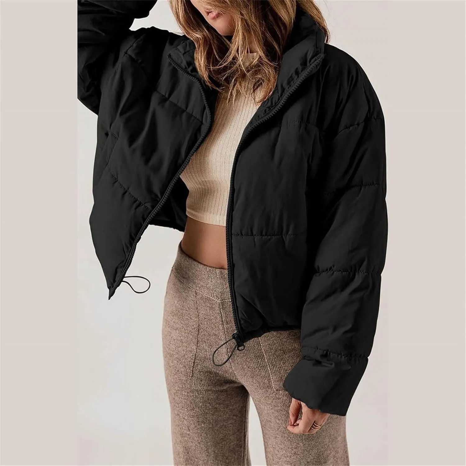 Hasta Cropped Down Coat Womens Trendy Winter Full Zip Stand Collar Puffer Jackets Short Fluffy Thermal Padded Quilted Coats
