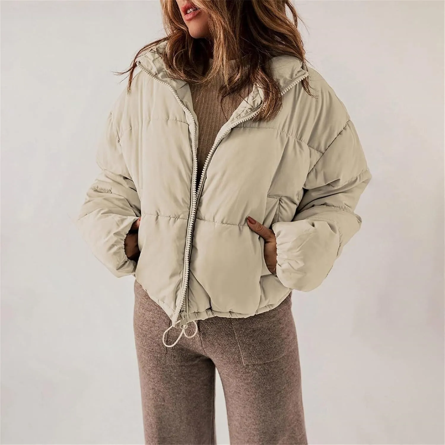 Hasta Cropped Down Coat Womens Trendy Winter Full Zip Stand Collar Puffer Jackets Short Fluffy Thermal Padded Quilted Coats