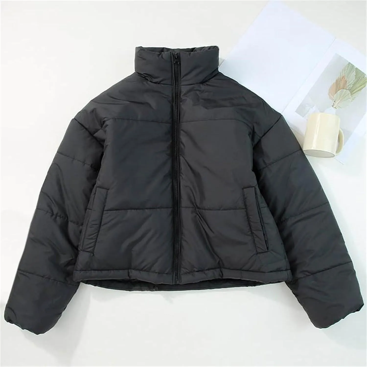 Hasta Cropped Down Coat Womens Trendy Winter Full Zip Stand Collar Puffer Jackets Short Fluffy Thermal Padded Quilted Coats