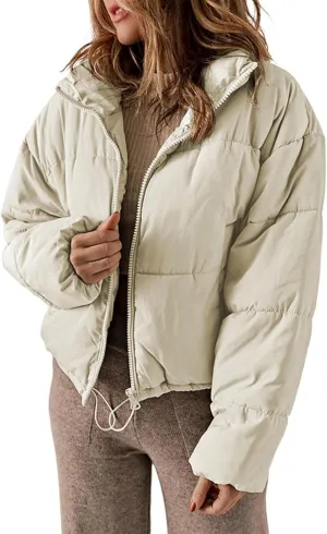 Hasta Cropped Down Coat Womens Trendy Winter Full Zip Stand Collar Puffer Jackets Short Fluffy Thermal Padded Quilted Coats