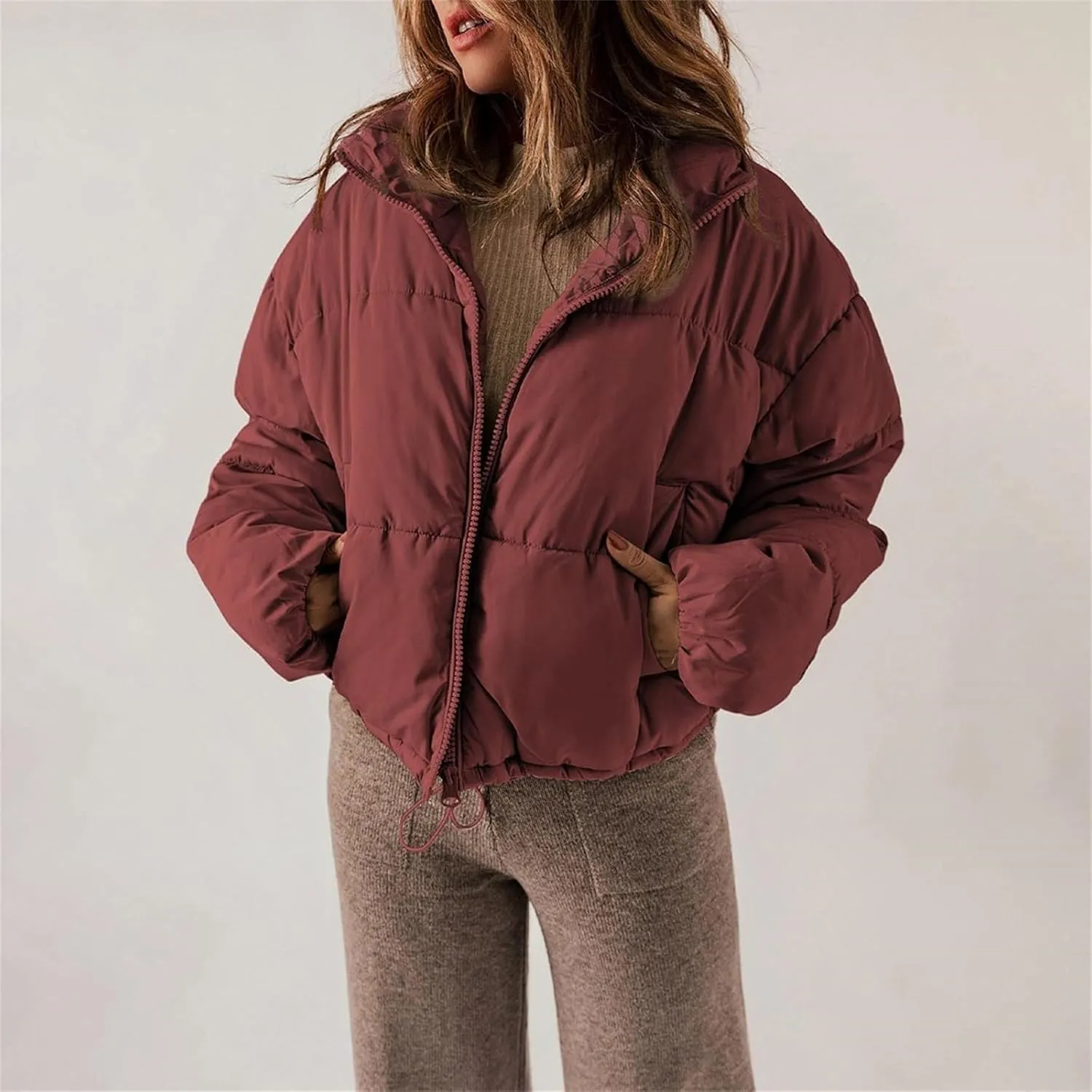 Hasta Cropped Down Coat Womens Trendy Winter Full Zip Stand Collar Puffer Jackets Short Fluffy Thermal Padded Quilted Coats