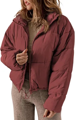 Hasta Cropped Down Coat Womens Trendy Winter Full Zip Stand Collar Puffer Jackets Short Fluffy Thermal Padded Quilted Coats