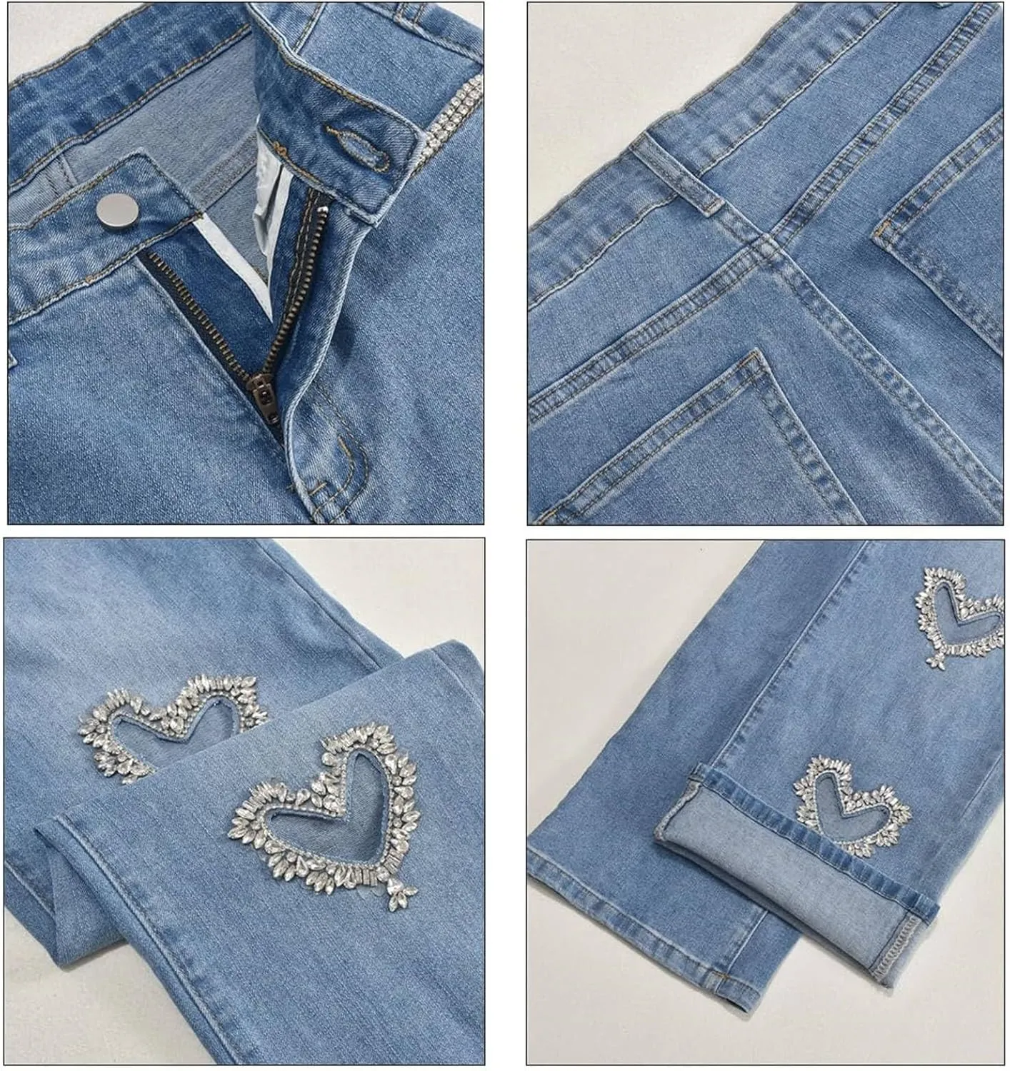 Heart Cutout Rhinestone Jeans for Women Y2k High Waist Straight Leg Baggy Denim Pants Womens Jeans Trendy
