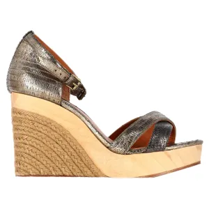 Lanvin Snake-Embossed Espadrille Slingback Wedge Sandals in Silver Leather Matte Feel Minimal Touch